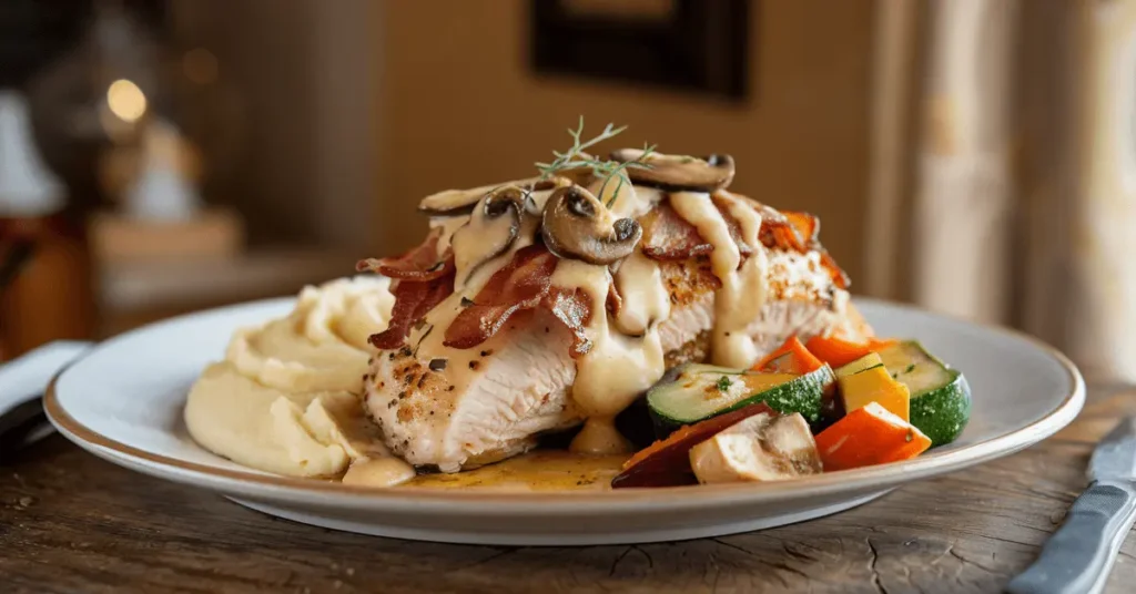 A plate of Alice Springs Chicken served with mashed potatoes, sautéed vegetables, bacon, mushrooms, and a creamy honey mustard sauce.