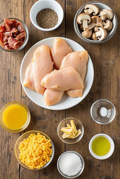 Ingredients for Alice Springs Chicken laid out, including chicken breasts, bacon, mushrooms, honey mustard sauce ingredients, and seasonings on a rustic wooden table.