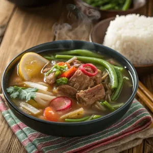 A steaming bowl of Sinigang, a traditional Filipino sour soup, featuring tender meat, fresh vegetables, and a side of rice.