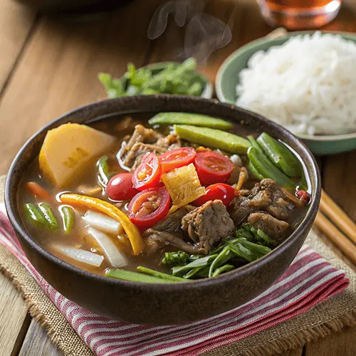 A steaming hot bowl of soup with vibrant vegetables, tender meat chunks, and cherry tomatoes, paired with a side of white rice.