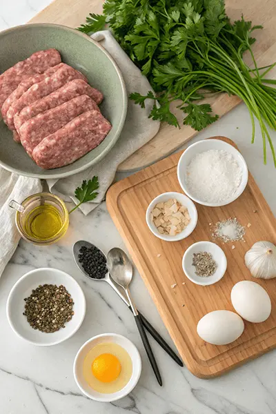 Ingredients for making chicken breakfast sausage, including ground chicken, fresh parsley, eggs, olive oil, garlic, and seasonings on a marble countertop.