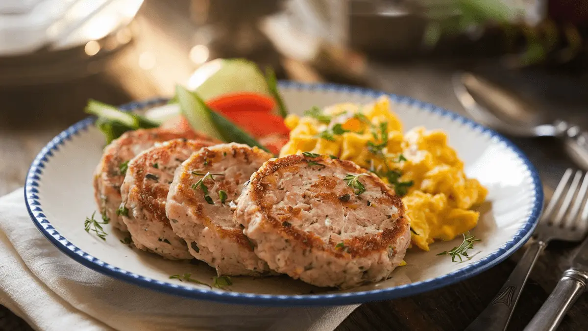 Plate of golden-brown chicken breakfast sausage patties served with scrambled eggs and fresh vegetables.