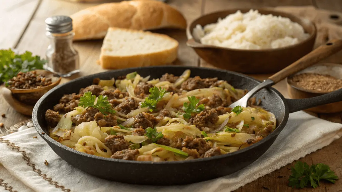 A close-up view of a ground beef cabbage recipe in a skillet, surrounded by bread, rice, and spices on a wooden table.