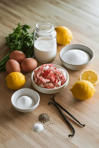 Ingredients for Crab Brulee Recipe displayed on a wooden countertop, including fresh crab meat, eggs, cream, sugar, herbs, and seasoning.