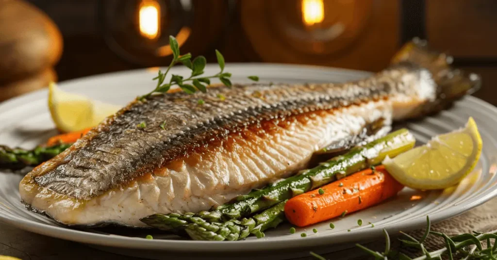 A beautifully plated roasted fish fillet with crispy skin, served with grilled asparagus, carrots, and lemon wedges for garnish.