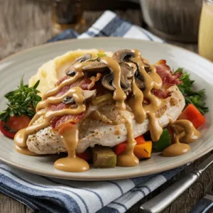 A plated serving of Alice Springs Chicken with sautéed mushrooms, crispy bacon, creamy sauce, mashed potatoes, and grilled vegetables.