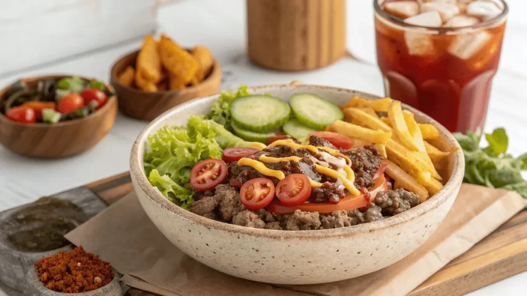 A vibrant burger bowl featuring ground beef, fresh lettuce, sliced cucumbers, cherry tomatoes, and French fries, served with a glass of iced tea.