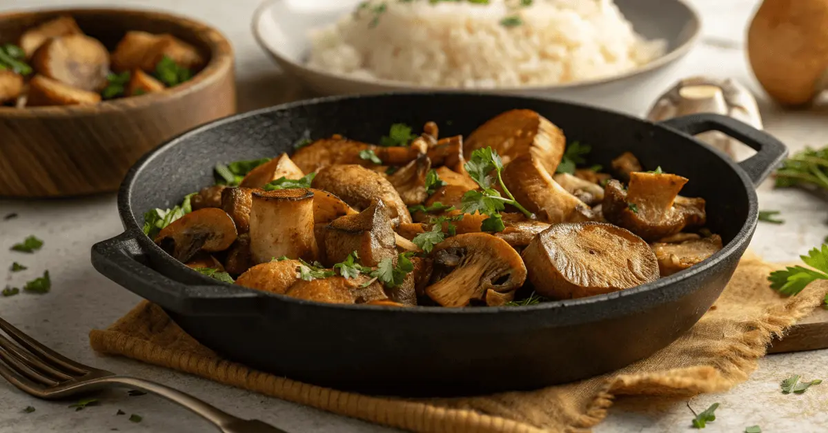 A cast iron skillet featuring sautéed Lion's Mane mushroom recipe, perfectly seasoned and garnished with fresh parsley, accompanied by a bowl of rice in the background, creating a delightful Lion's Mane Mushroom Recipe.