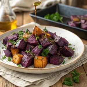 A plate of roasted purple sweet potato recipe garnished with fresh parsley and drizzled with olive oil.