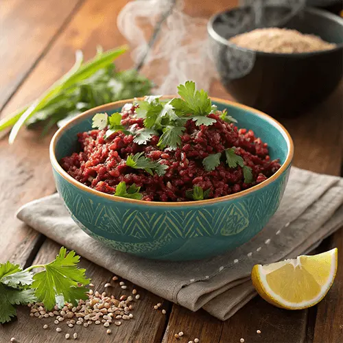 A steaming bowl of red rice garnished with fresh cilantro, served with a lemon wedge on a rustic wooden table.