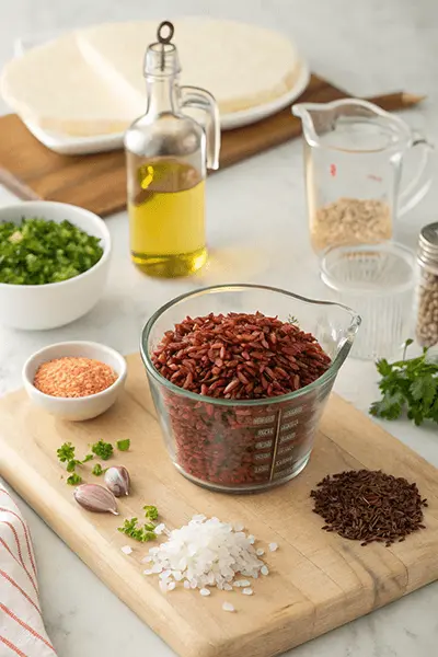 Ingredients for red rice recipe on a wooden board with oil, spices, and herbs.