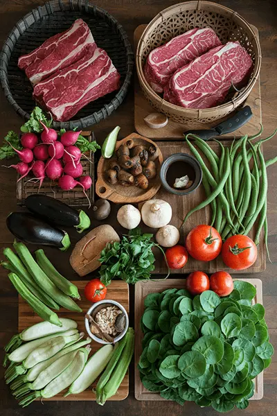 A selection of fresh ingredients for a Sinigang recipe, including beef slices, radishes, eggplant, tomatoes, green beans, spinach, okra, mushrooms, and seasonings.