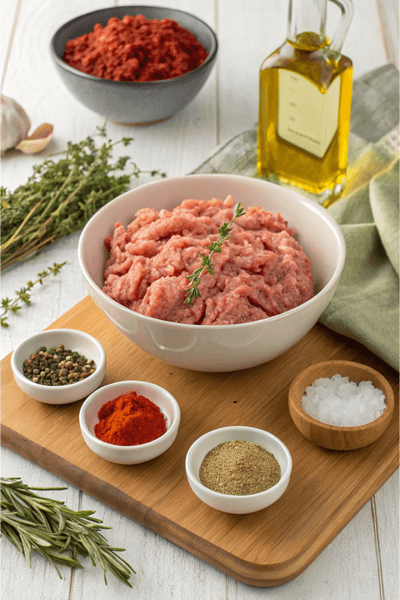  Ground meat with herbs and spices on a wooden board, surrounded by olive oil, paprika, and seasonings.