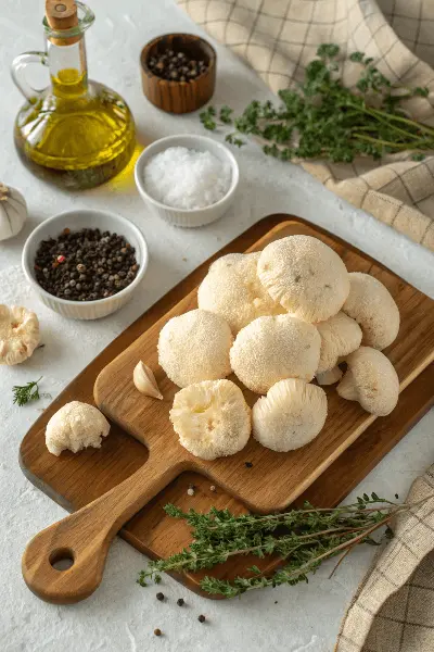 Fresh Lion's Mane mushrooms on a wooden cutting board surrounded by olive oil, salt, pepper, garlic, and herbs on a light kitchen countertop.