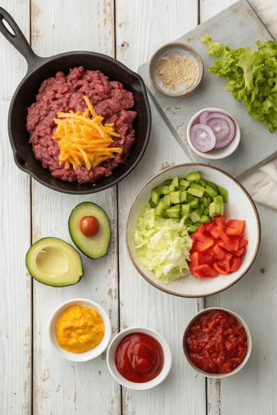 Fresh ingredients including ground beef, cheddar cheese, avocado, tomatoes, and condiments, arranged for meal preparation.