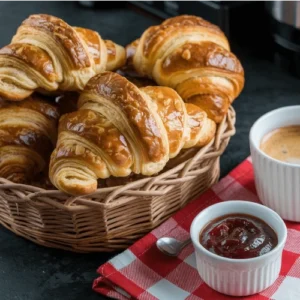 Freshly baked Gipfeli in a basket with coffee and jam.