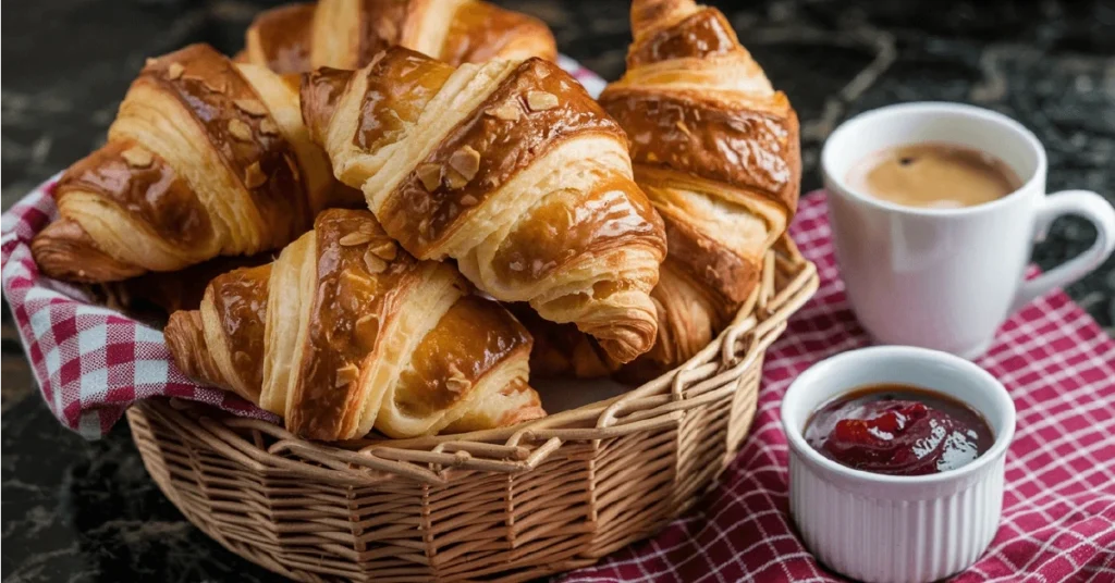 Freshly baked Gipfeli in a basket with coffee and jam on the side.