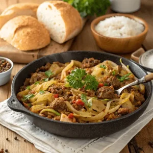 A skillet filled with a ground beef cabbage recipe, garnished with parsley, with bread, rice, and fresh herbs on a rustic wooden table.