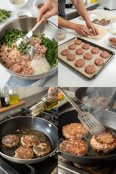 Step-by-step process of making chicken breakfast sausage, including mixing ingredients, shaping patties, and frying them in a skillet.