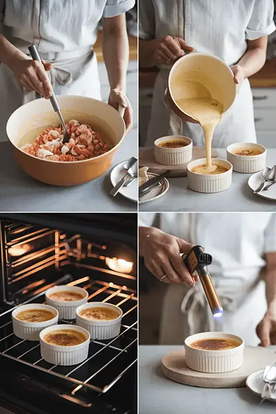 Step-by-step process for making Crab Brulee Recipe, including mixing crab custard, pouring into ramekins, and caramelizing the sugar topping.