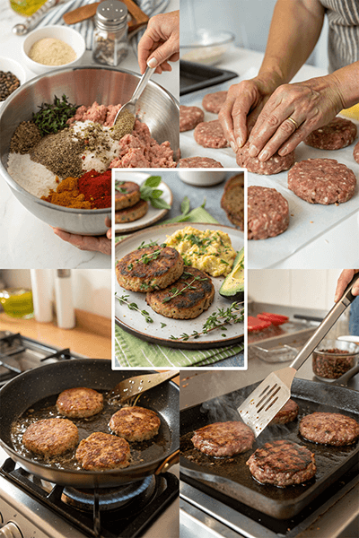 Step-by-step process of making homemade Turkey Breakfast Sausage, including mixing spices, shaping patties, cooking on a skillet, and serving with delicious sides.