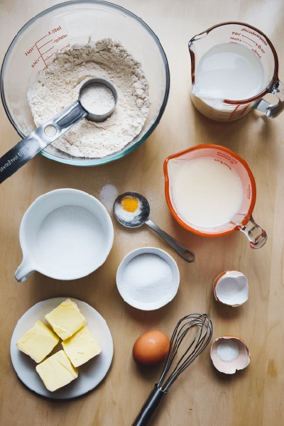 Ingredients for Gipfeli Recipe laid out on a wooden surface, including flour, butter, milk, sugar, eggs, and measuring tools.