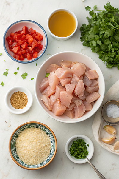 Top view of fresh ingredients for a Milk Street recipe including diced chicken, diced tomatoes, olive oil, garlic cloves, cilantro, parmesan cheese, green herbs, salt, and seasoning.
