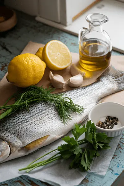 Fresh steelhead trout with ingredients for cooking, including lemon, garlic cloves, olive oil, dill, parsley, and a bowl of salt and pepper on a rustic wooden table.