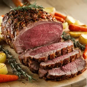 Sliced bottom round roast served on a wooden cutting board, surrounded by roasted vegetables like carrots and potatoes, garnished with fresh rosemary.