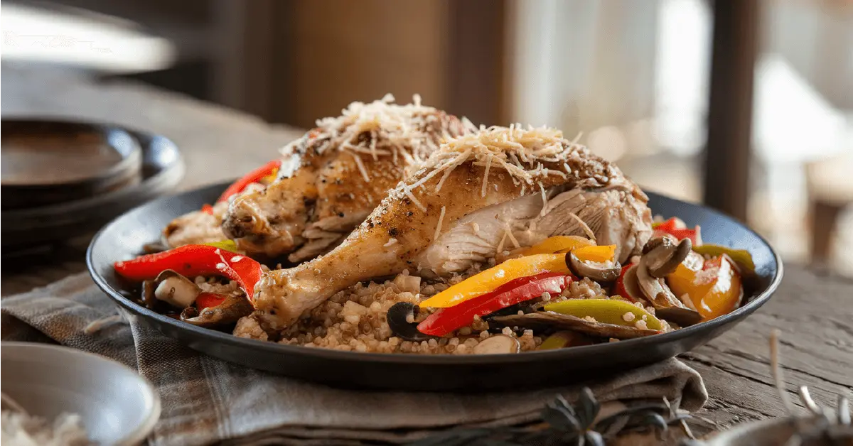 A delicious plate of leftover rotisserie chicken recipes with colorful vegetables, served alongside fluffy quinoa and garnished with fresh herbs.