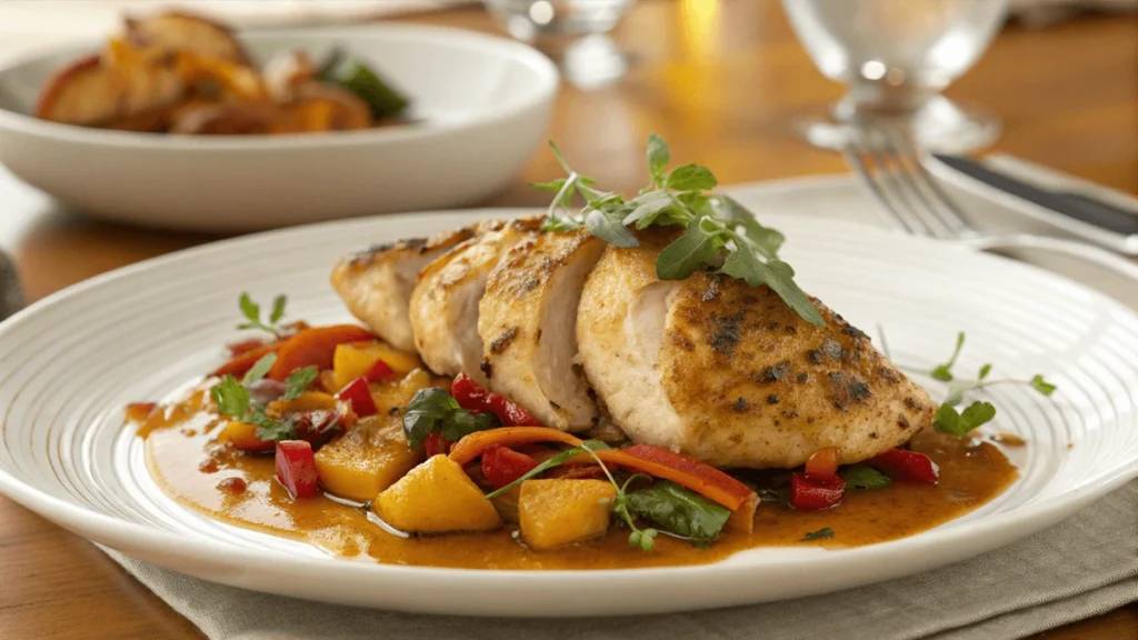 A beautifully plated chicken breast with a vibrant vegetable medley and sauce.