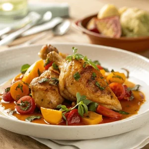 A beautifully plated dish of roasted chicken with cherry tomatoes and fresh herbs in a rich, flavorful sauce.