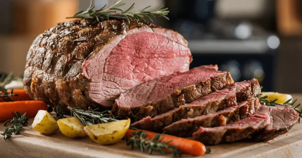 A perfectly cooked bottom round roast recipe, sliced to reveal tender pink meat, surrounded by roasted potatoes, carrots, and fresh rosemary.