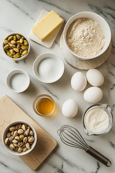 Ingredients for making pistachio croissants, including flour, butter, eggs, sugar, pistachios, honey, cream, and salt, arranged on a marble countertop.