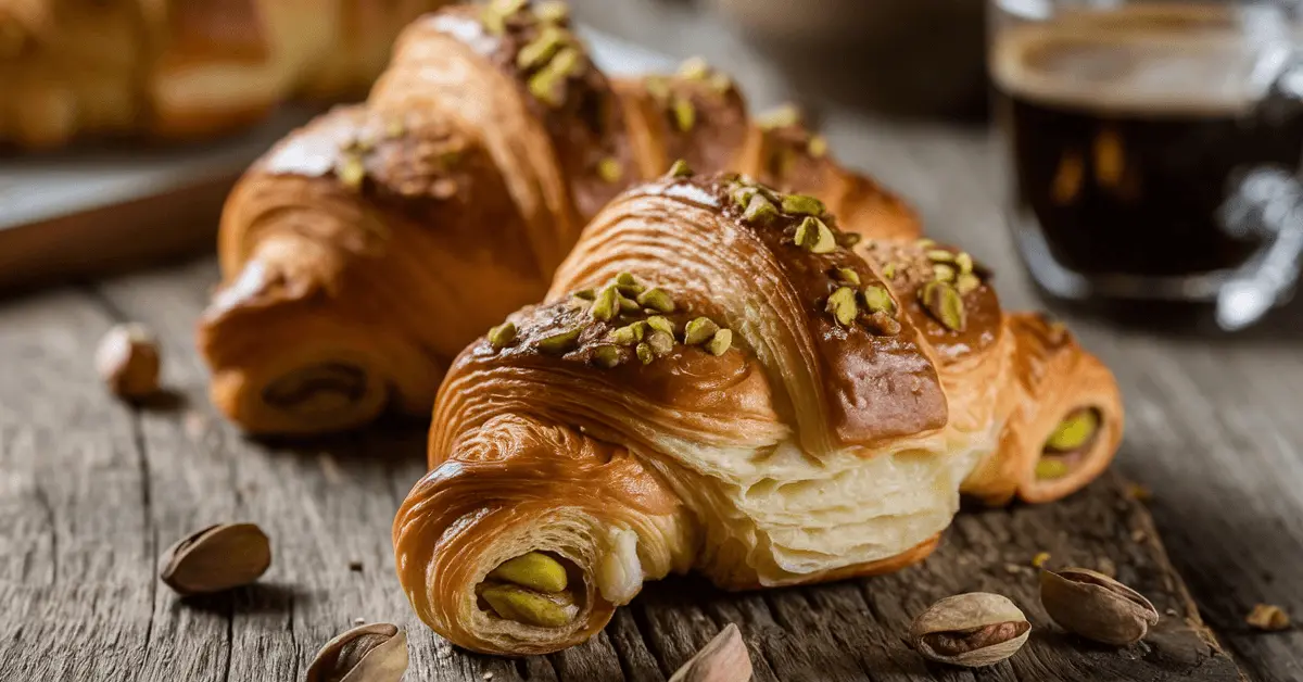 A close-up of a flaky croissant topped with crushed pistachios, placed on a rustic wooden table with scattered pistachios and a cup of coffee in the background.