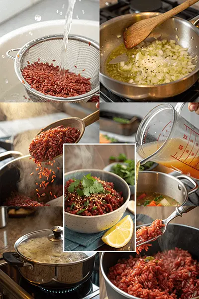 Step-by-step process of cooking red rice, including washing, sautéing onions, adding rice, and simmering with broth.