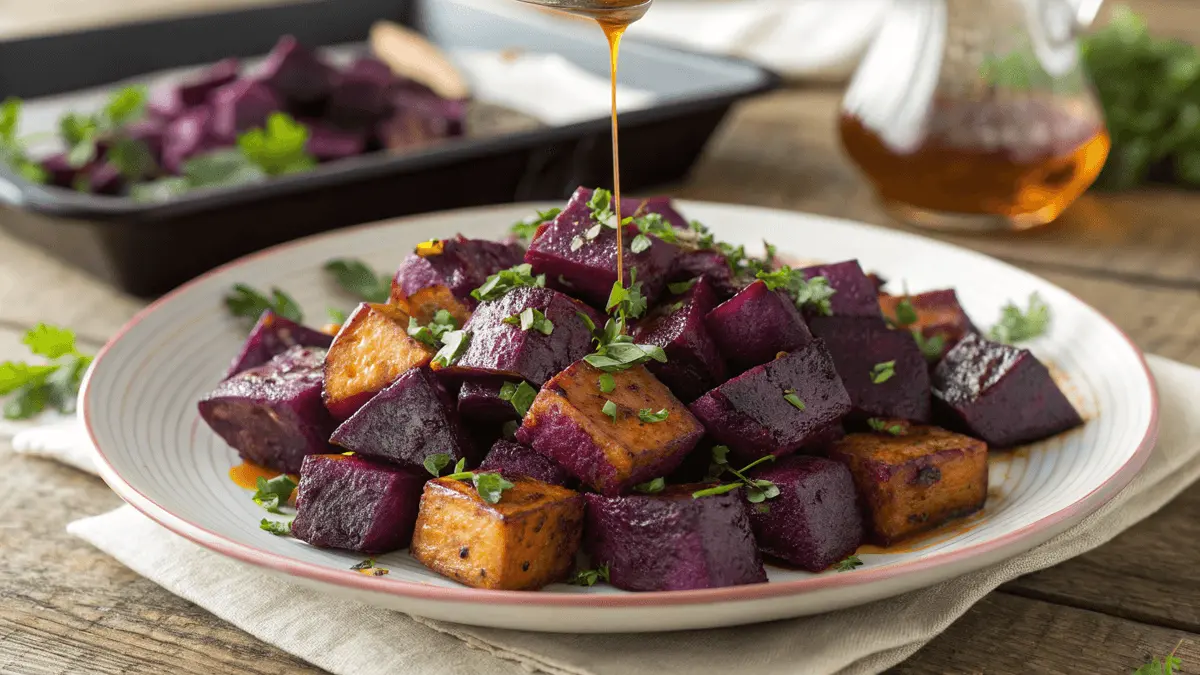 A plate of roasted purple sweet potato recipe cubes garnished with fresh parsley and drizzled with sauce.