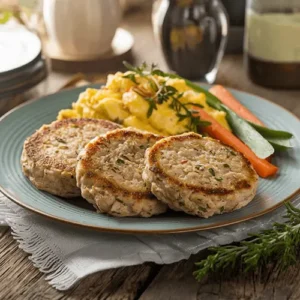 Rustic breakfast plate showcasing chicken breakfast sausage patties, scrambled eggs, and fresh vegetable sides.