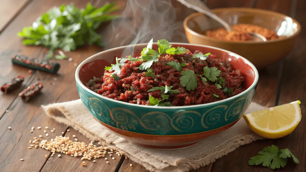 A steaming bowl of cooked red rice garnished with fresh parsley and a lemon wedge.