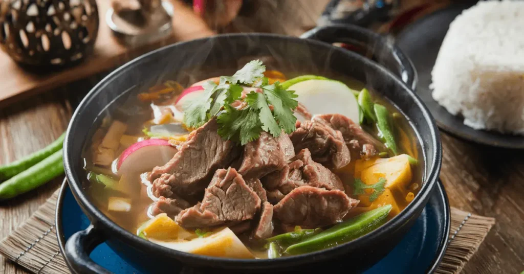 A steaming bowl of Sinigang recipe, a Filipino sour soup, served with beef slices, vegetables, and garnished with fresh cilantro.