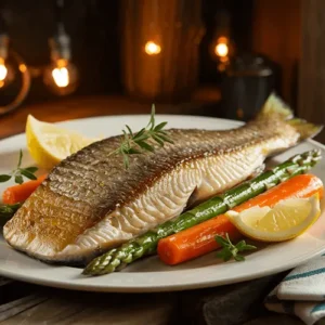 A roasted steelhead trout fillet served on a plate with grilled asparagus, carrots, and lemon wedges, garnished with fresh rosemary and thyme under warm ambient lighting.