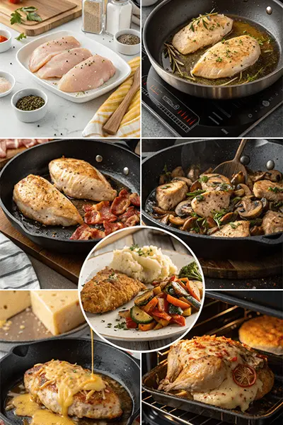 A step-by-step collage showing the preparation of Alice Springs Chicken, from seasoning and cooking chicken to adding bacon, mushrooms, and cheese, and the final plating.