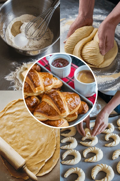 Step-by-step process of making Gipfeli, including mixing ingredients, folding dough, rolling, shaping, and the final baked croissants.