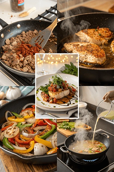 A step-by-step cooking process showing ground meat, chicken breast, sautéed vegetables, and broth being added to a skillet, with a plated dish in the center.