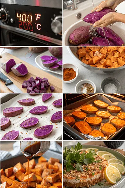 A step-by-step process of cooking purple sweet potatoes recipe, including preparation, seasoning, roasting, and final plating.