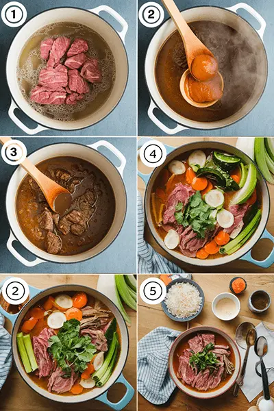 A step-by-step image guide showing how to prepare a Sinigang recipe, featuring beef, vegetables, and a rich broth.