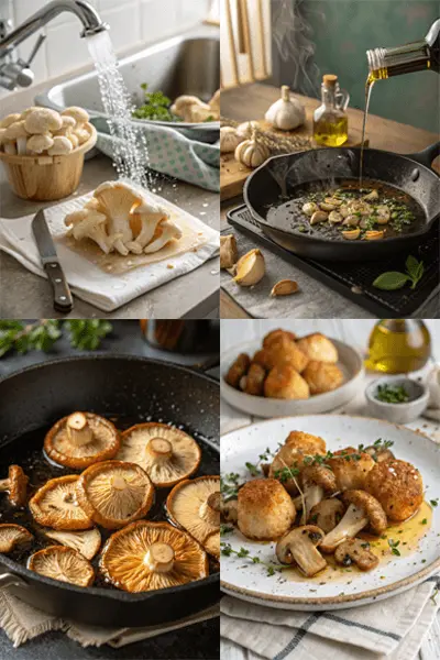 A step-by-step preparation of a Lion's Mane mushroom recipe, showcasing fresh mushrooms, seasoning in a skillet, sautéing, and a plated dish garnished with herbs.