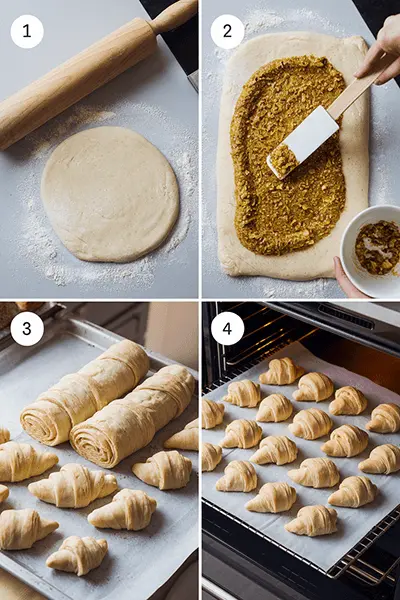 A step-by-step process of making pistachio croissants, showing dough preparation, filling application, shaping, and baking.