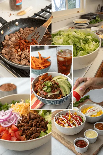 Step-by-step preparation of a burger bowl, highlighting cooked ground beef, fresh lettuce, toppings like tomatoes and onions, and the final assembly with sauces.