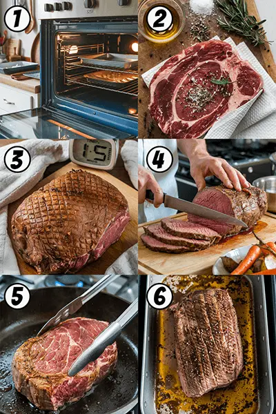 A step-by-step guide to cooking a bottom round roast recipe, featuring preparation, seasoning, searing, roasting, slicing, and serving.